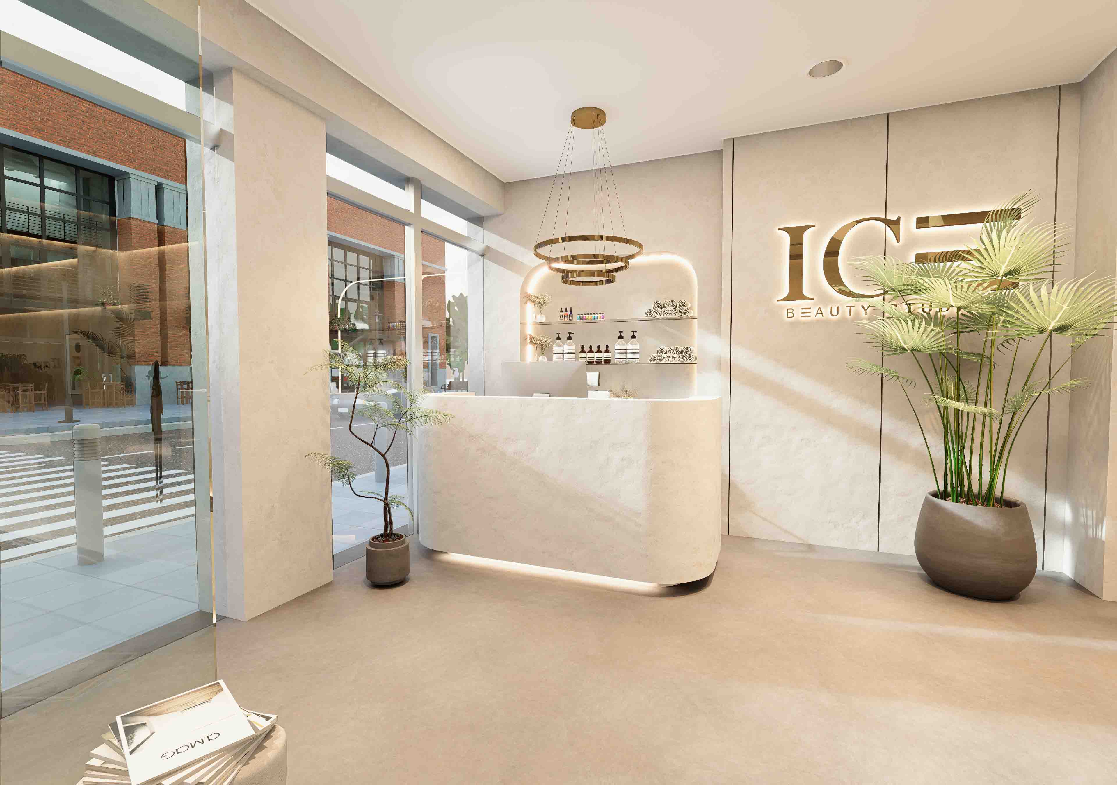 Recepción moderna en proyecto de interiorismo comercial